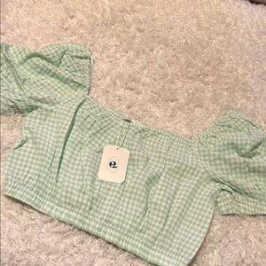 Elodie light Green Gingham Puff Sleeve Crop Top size large NWT